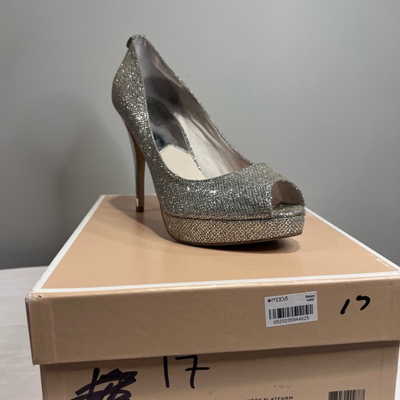 Michael Kors Silver Glitter Peep-Toe Heels - Picture 1 of 3